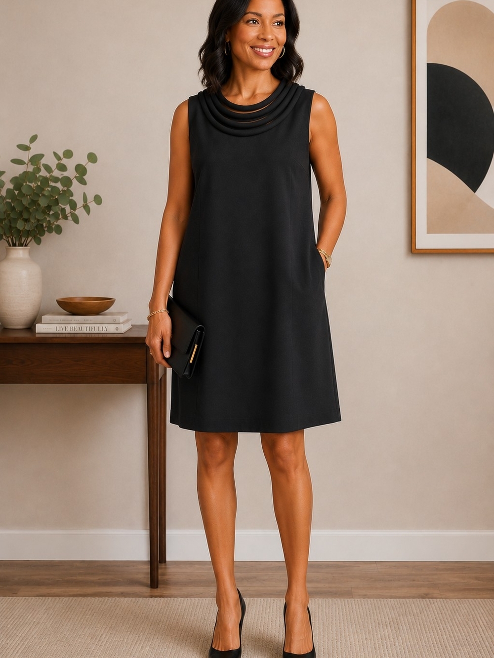 Katherine Barclay Black Sleeveless Sheath Dress with Layered Neckline